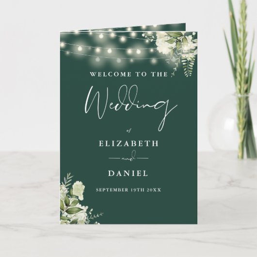 Smaragdgrüne Blumen-Lichterkette Hochzeit Programm (Vorderseite)