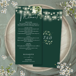 Smaragdgrüne Blumen-Lichterkette Hochzeitsdinner Menükarte