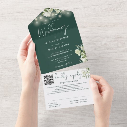 Smaragdgrüne Blumen-Lichterkette QR-Code Hochzeit All In One Einladung (Abreißen)