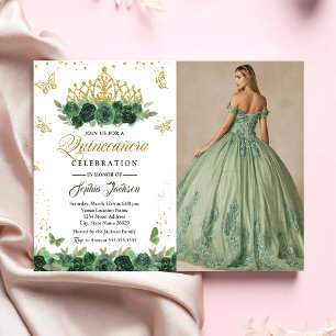Smaragdgrüne Blumen-Tiara-Schmetterling-Quinceaner Einladung