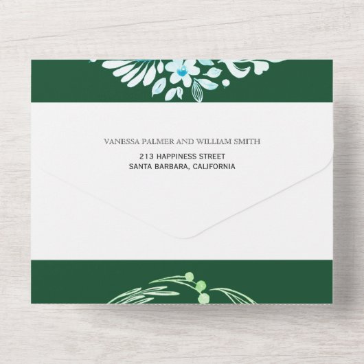 Smaragdgrüne Blumengarten mit Herz Hochzeit All In One Einladung (Rückseite)