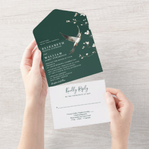 Smaragdgrüne Chinoiserie-Blumengarten-Hochzeit All In One Einladung