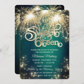 Smaragdgrüne, elegante Feuerwerk Gold Funkeln Einladung (Vorne/Hinten)