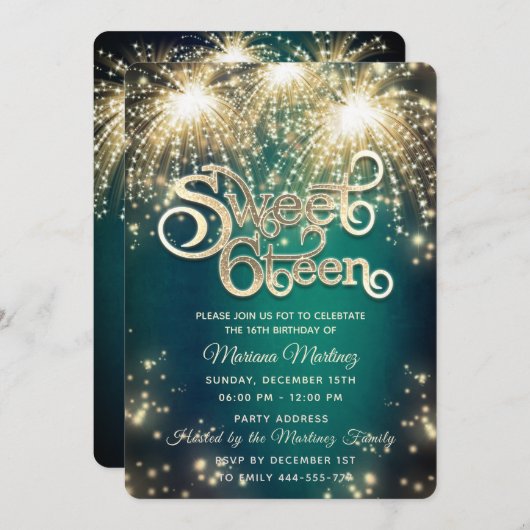 Smaragdgrüne, elegante Feuerwerk Gold Funkeln Einladung (Vorne/Hinten)