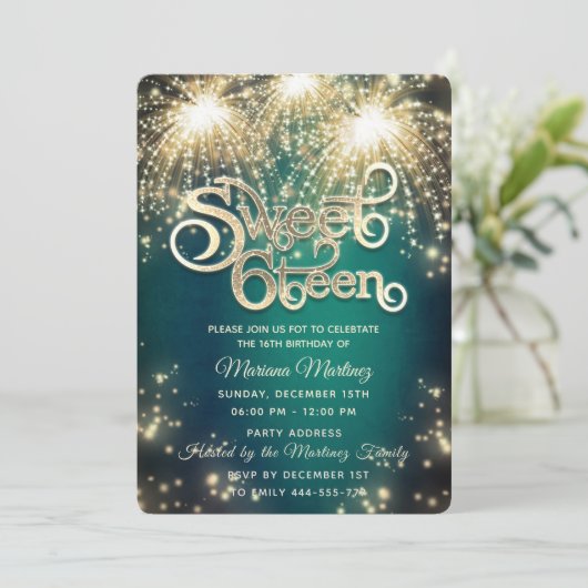 Smaragdgrüne, elegante Feuerwerk Gold Funkeln Einladung (Stehend Vorderseite)