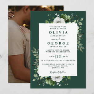 Smaragdgrüne elegante florale Foto-Hochzeit Einladung