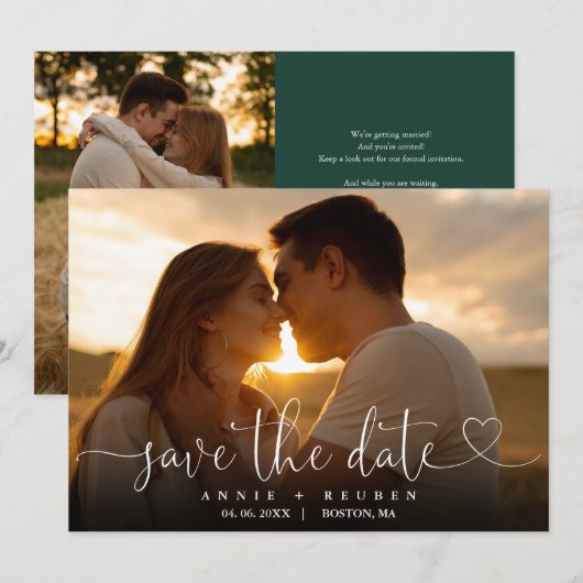 Smaragdgrüne elegante Herzschrift-Foto-Hochzeit Save The Date (Vorne/Hinten)