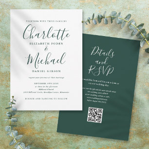 Smaragdgrüne elegante Schrift QR-Code Hochzeit Einladung