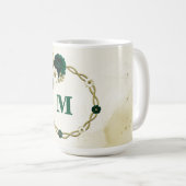 Smaragdgrüne Elfenbeingold-Blumenmonogramm Kaffeetasse (VorderseiteRechts)