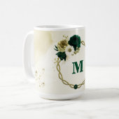 Smaragdgrüne Elfenbeingold-Blumenmonogramm Kaffeetasse (Vorderseite Links)