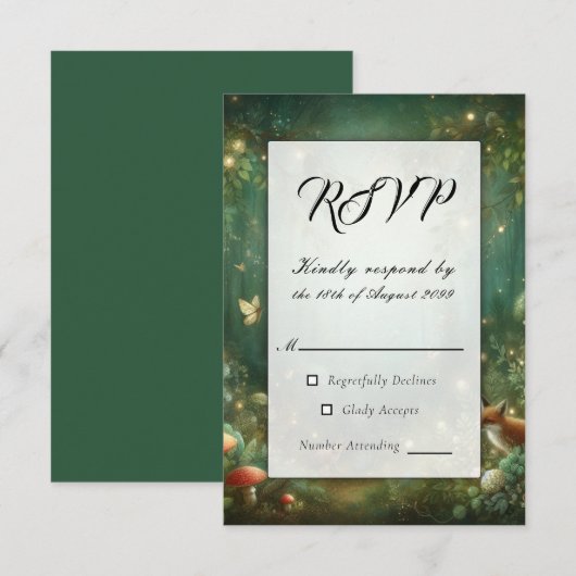 Smaragdgrüne Enchanted Forest Hochzeit RSVP Karte (Vorne/Hinten)