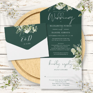 Smaragdgrüne Florale Details RSVP Hochzeit All In One Einladung