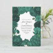 Smaragdgrüne florale Foto- und QR-Code-Hochzeit Einladung (Stehend Vorderseite)