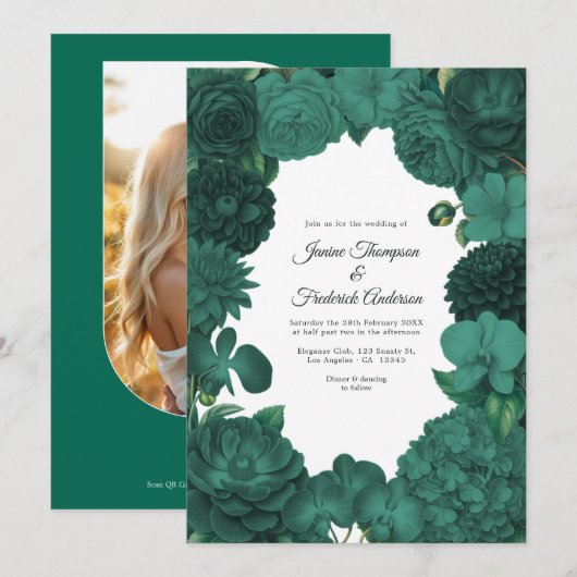 Smaragdgrüne florale Foto- und QR-Code-Hochzeit Einladung (Vorne/Hinten)