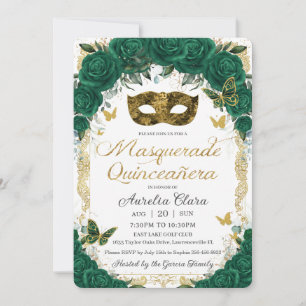 Smaragdgrüne Florale Goldene Maskenball-Quinceañer Einladung
