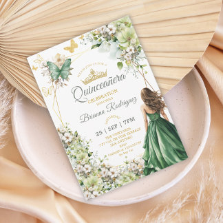 Smaragdgrüne Florale Goldene Schmetterling Quincea Einladung