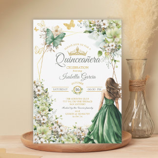 Smaragdgrüne Florale Goldene Schmetterling Quincea Einladung