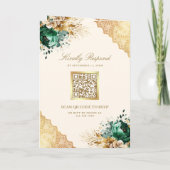 Smaragdgrüne Florale Goldene Spitze QR-Code Creme Einladung (Rückseite)