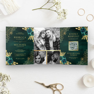Smaragdgrüne Florale Goldspitze QR-Code Hochzeit Dreifach Gefaltete Einladung