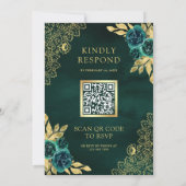 Smaragdgrüne Florale Goldspitze QR-Code Hochzeit Einladung (Rückseite)