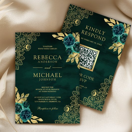 Smaragdgrüne Florale Goldspitze QR-Code Hochzeit Einladung
