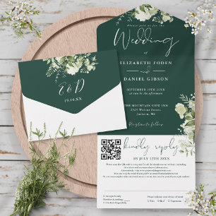 Smaragdgrüne Florale Monogramm-QR-Code-Hochzeit All In One Einladung