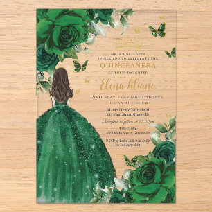Smaragdgrüne Florale Prinzessin Quinceañera Sweet Acryleinladungen