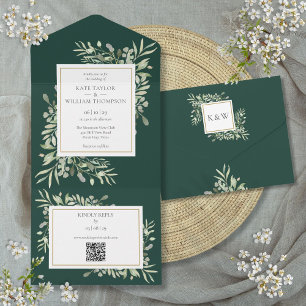 Smaragdgrüne Florale QR-Code-Hochzeit All In One Einladung