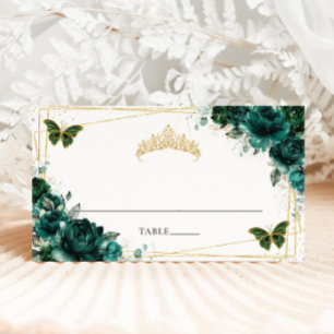 Smaragdgrüne florale Quinceañera 16. Geburtstagsfe Platzkarte