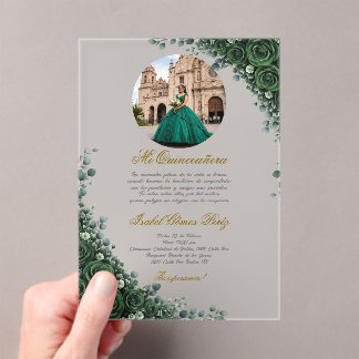 Smaragdgrüne florale Quinceanera mit Bild  Acryleinladungen