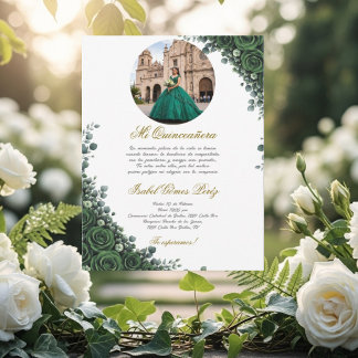 Smaragdgrüne florale Quinceanera mit Bild  Einladung