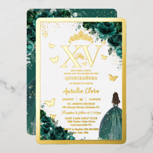 Smaragdgrüne Florale Quinceañera Quince 15 XV Gold Folieneinladung