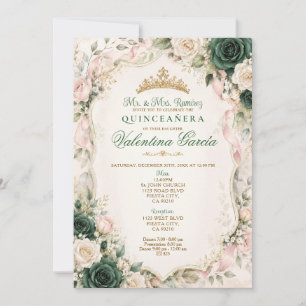 Smaragdgrüne Florale Schleifen-Quinceañera-Einladu Einladung