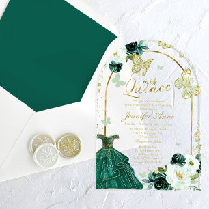 Smaragdgrüne Florale Schmetterling Quinceañera Acryleinladungen