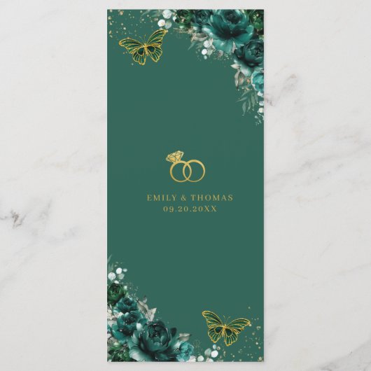 Smaragdgrüne florale Schmetterlinge Hochzeits-Slim Programm (Rückseite)