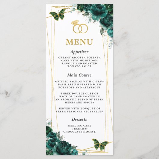 Smaragdgrüne florale Schmetterlinge Hochzeits-Slim Programm (Vorderseite)