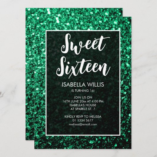 Smaragdgrüne Glitzern Sweet 16 elegante Schrift Einladung (Vorne/Hinten)