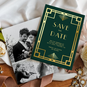 Smaragdgrüne Gold Art Deco Foto Collage Hochzeit Save The Date