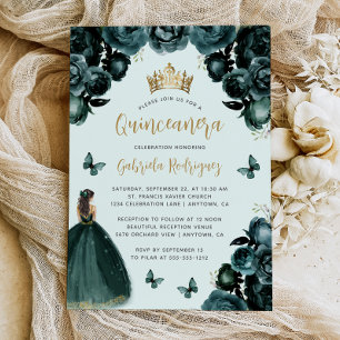 Smaragdgrüne Gold-Blumen-Prinzessin Quinceañera Einladung