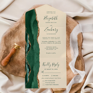 Smaragdgrüne Gold-Champagner-Menüoptionen Hochzeit All In One Einladung