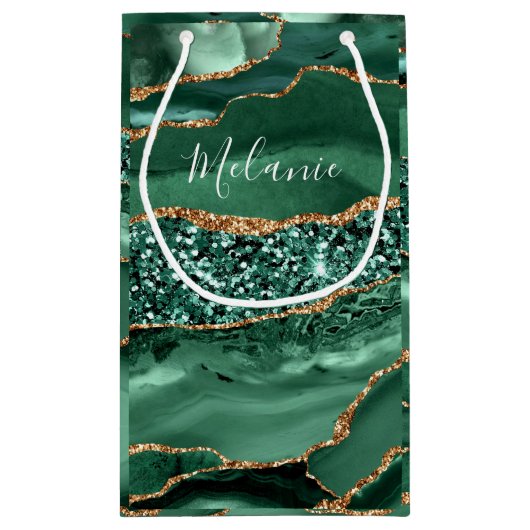 Smaragdgrüne Gold-Glitter-Geschenktasche mit indiv Kleine Geschenktüte (Rückseite)