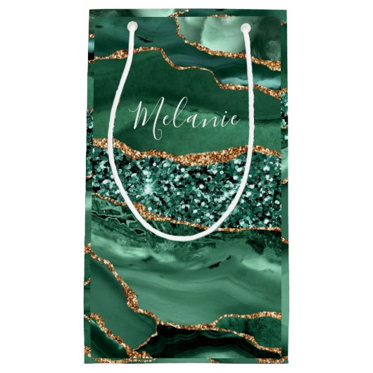 Smaragdgrüne Gold-Glitter-Geschenktasche mit indiv Kleine Geschenktüte (Vorderseite)