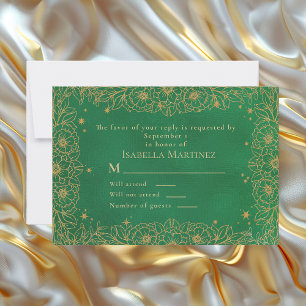 Smaragdgrüne Gold-Linienkunst Florale Quinceañera RSVP Karte