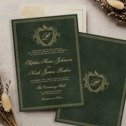 Smaragdgrüne Gold-Monogramm-Hochzeit Einladung