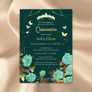 Smaragdgrüne Gold-Tiara und Schmetterling Quincean Folieneinladung