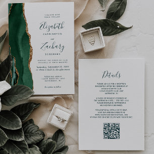 Smaragdgrüne Goldachat-Schrift-QR-Code-Hochzeit Einladung