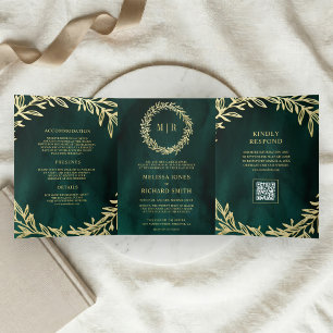 Smaragdgrüne Goldblattzweig QR-Code Hochzeit Dreifach Gefaltete Einladung