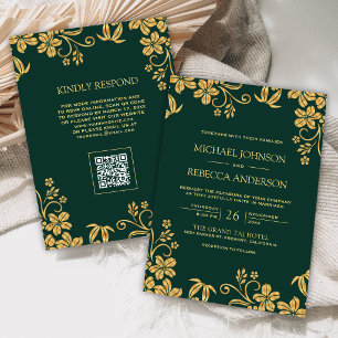 Smaragdgrüne Goldene Blumige Blätter QR-Code Hochz Einladung