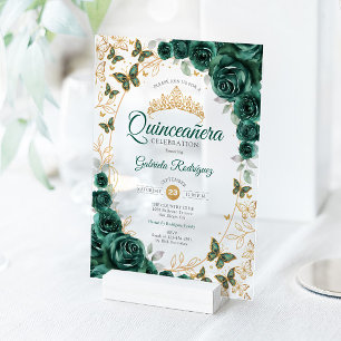 Smaragdgrüne Goldene Florale Quinceanera Acryleinladungen