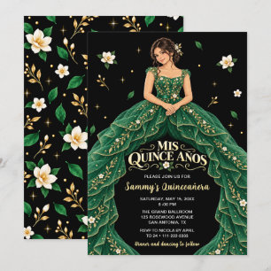 Smaragdgrüne Goldene Florale Quinceañera Einladung